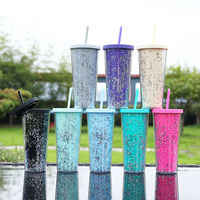Bouteille d'eau en plastique à double paroi de 24 oz, scintillante, avec paille, écologique et brillante