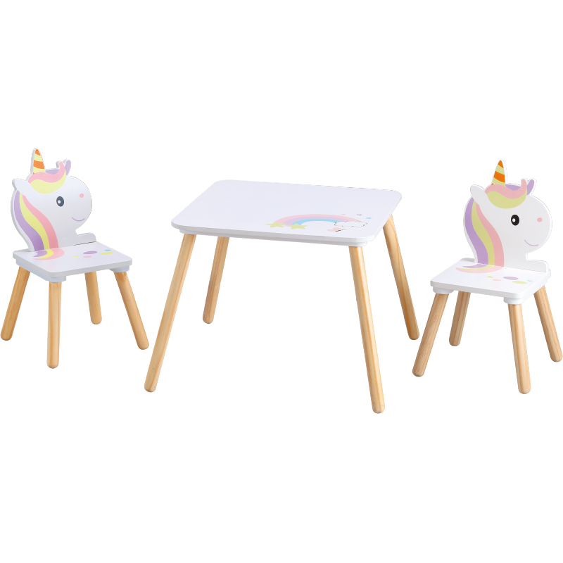 Ensemble de meubles pour enfants crèche de meubles préscolaires, modèle licorne en bois pour enfants, ensemble une table et deux chaises,