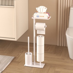 Modern Minimalist Free Standing Bathroom Organizer with Tiered Design <b>and</b> <b>Toilet</b> Brush <b>Holder</b> White Rectangular Plastic - Product Image 3