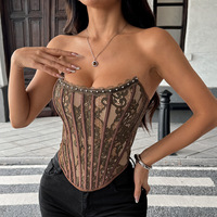Top corset élégant en dentelle florale pour femmes, bustier sexy sans bretelles, dos ouvert, bustier à armatures, tube top Y2K, soirée en boîte de nuit, corset en maille