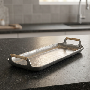 Chaman India Rustic <b>Silver</b> Rectangle Cast Aluminium Serving <b>Tray</b> with Handle Durable Metal Dish Model 40228 - Product Image 3