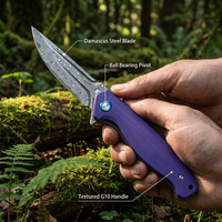 Couteau pliant tactique, couteau de poche Damas, couteau léger EDC, couteau à lame rabattable, manche en G10 violet, outil utilitaire pour le camping en plein air, DM036