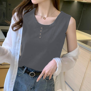 White Sleeveless Camisole Top With Buttons Women's Solid Color Polyester Base Layer Summer Vest Slim Fit T Shirt - Product Image 4