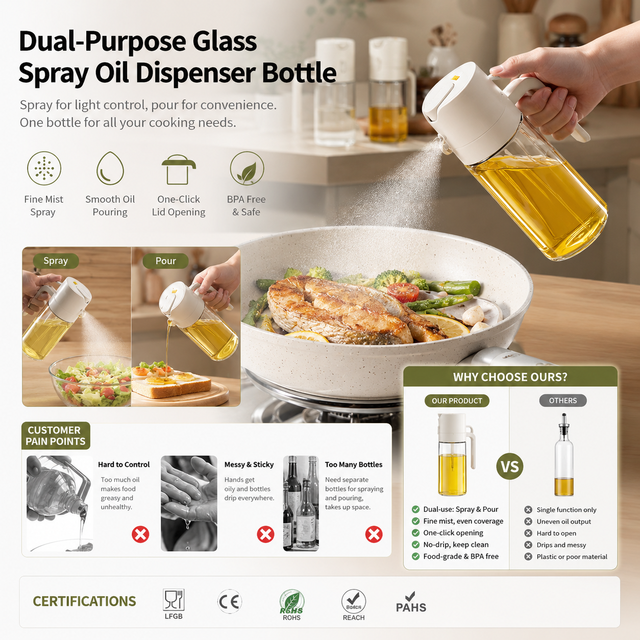 Custom Logo Leak Proof Refillable Glass Spray Oil Dispenser Bottle OEM ODM Reusable Easy Clean 2-in-1 Dishwasher Safe