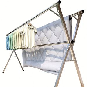 Séchoir à linge pliable en métal pour balcon, support mural ou sur pied, avec crochets métalliques pour vêtements - Product Image 5