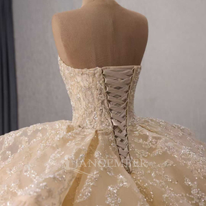 251149 Vintage Champagne Ruffle <b>Sequined</b> Crystal Lace Appliques Embroidery Ball Gown Evening Party Chapel Train Pearls Beading - Product Image 6
