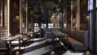 Design d'intérieur haut de gamme pour restaurant : comptoir de bar sur mesure, table en bois massif et ensemble de chaises en rotin pour café, banquette confortable.