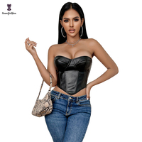 Bustier Gainant Noir Uni Sans Bretelles et Rembourré en Cuir Véritable pour Femme, Grandes Tailles, Sous-vêtement Lingerie Intime Crop Top