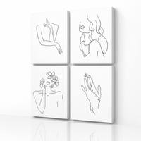 Lot de 4 décorations murales en ligne de dessins d'art sur toile, thème Amour de soi : visage féminin, fleur, main, vigne, style minimaliste féminin pour chambre à coucher