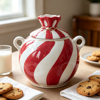 Vente en gros de pots en céramique personnalisés avec logo, pot à biscuits en porcelaine à rayures spirales rouges, décoration moderne de cuisine, récipient de stockage alimentaire