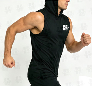 Débardeur d'été personnalisé de haute qualité, décontracté et confortable, sans manches, à capuche, noir, à séchage rapide, pour hommes. - Product Image 4
