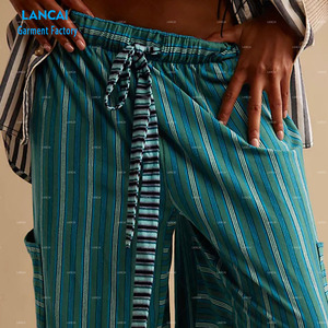 Pantalones rectos para mujer Tela de algodón a rayas Cintura con cordón Casual Suelto Vida diaria Ropa personalizada al por mayor - Product Image 4