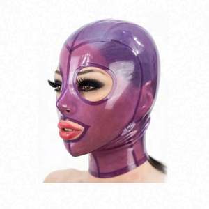 Lateks Hood fetiş 100% doğal lateks şeffaf mor kauçuk kapşonlu açık ağız gözler seksi şapkalar - Product Image 1