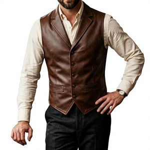 Chaleco de Cuero PU Marrón para Hombre, Formal, Sin Mangas, Cierre de un Solo Botón, con Bolsillos, para Otoño - Product Image 6
