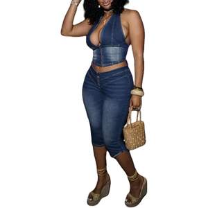 Ensemble Capri en Jean Personnalisé 2026 pour Femme : Haut Halter et Pantalon Court, Tenue Streetwear Y2K Tendance avec Fermetures Éclair Respirantes - Product Image 3