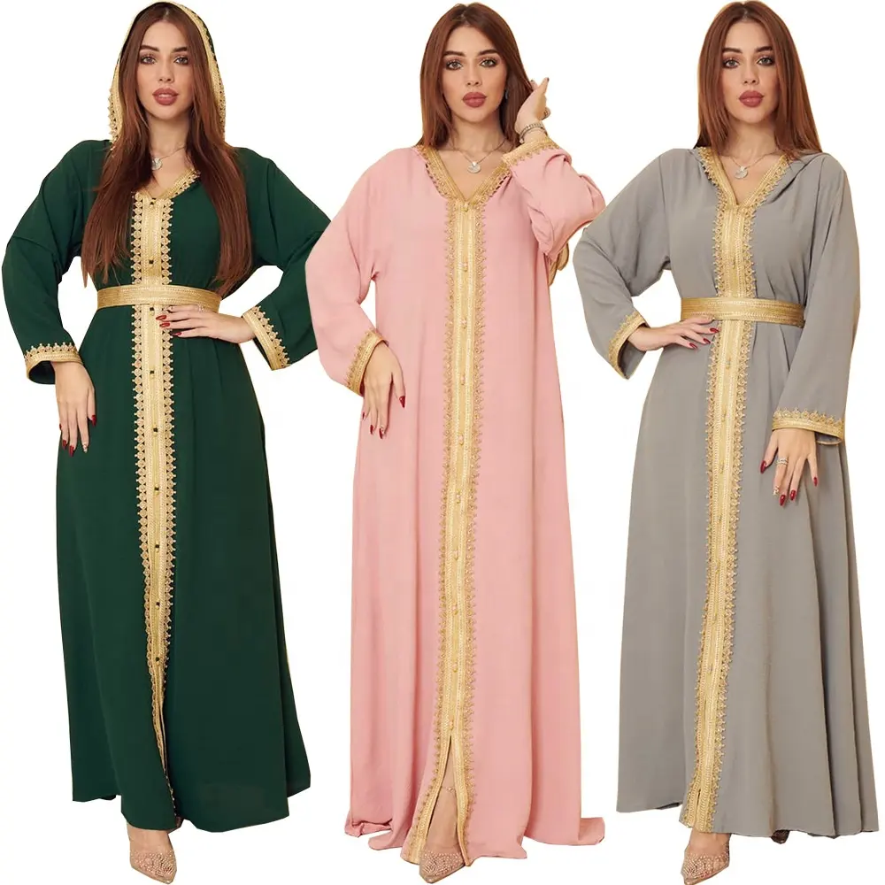 Vestido musulmán de manga larga con cuello en V para mujer, elegante vestido informal con botones en la parte delantera, con capucha, Abaya, Arabia Saudita, F363