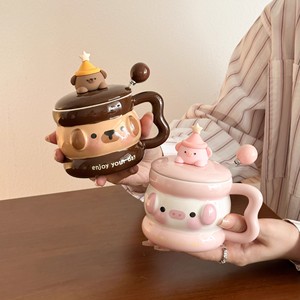 Mug mignon de dessin animé cochon et ours avec couvercle et cuillère, tasse individuelle pour fête, jaune, rose, marron - Product Image 2