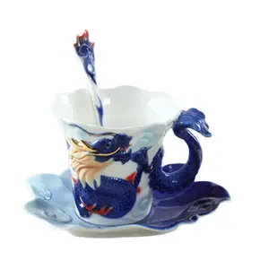 New Japanese and Korean Enamel Porcelain Dragon and Phoenix Coffee Cup Creative Tenglong Mug Cutlery Set