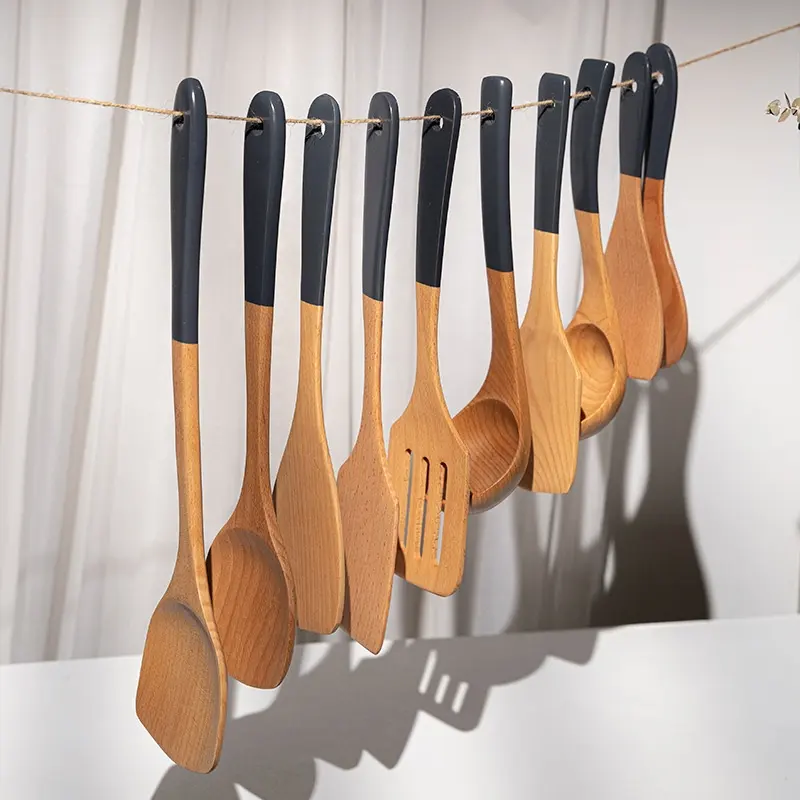 Set di utensili da cucina con impugnatura antiaderente in legno di faggio naturale cucchiai mestolo utensili in legno per cucinare