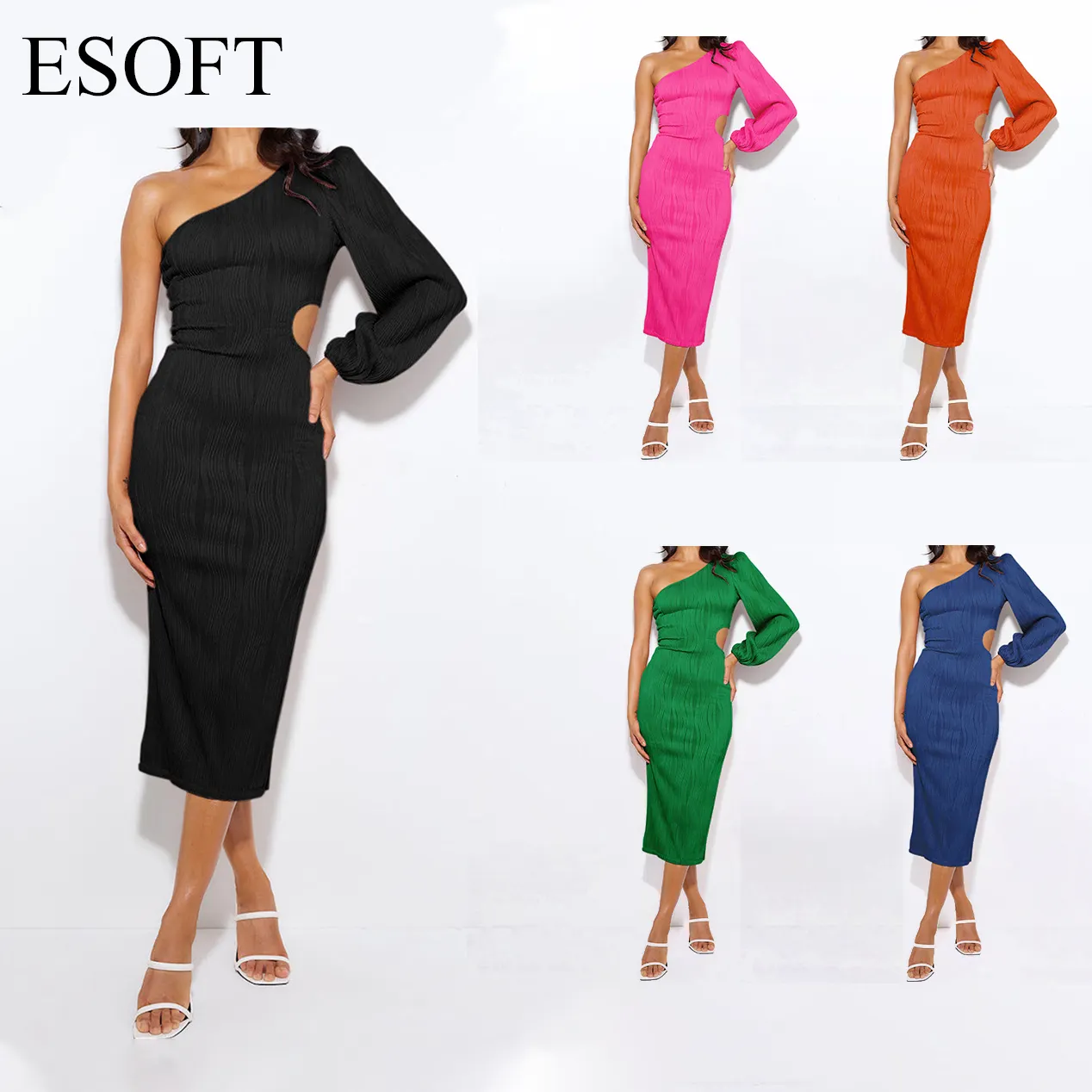 ESOFT Robe mi-longue d'été à une épaule froncée sans manches à découpes à plusieurs niveaux pour femmes Cocktail Party Wedding Midi Dresses