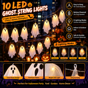 Guirlandes lumineuses fantômes, décorations d'Halloween, lumières féériques imperméables à piles pour la décoration de fête et de jardin - Product Image 1