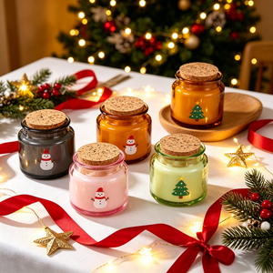 Nuevo Envase de Vidrio Ámbar Rosa Verde Resistente al Calor de 4oz 100ml <span class=keywords><strong>con</strong></span> Tapa de Corcho de Madera para Velas, Diseño Personalizado de Dibujos Animados Navideños - Product Image 2