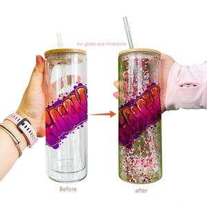 Livraison gratuite depuis l'entrepôt américain : Gobelet en verre à sublimation 20oz effet boule à neige pailletée avec couvercle en bambou et paille pour strass DIY - Product Image 4