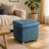 Pouf de rangement moderne pliable en velours avec pieds en bois, banc capitonné à rivets pour salon et chambre