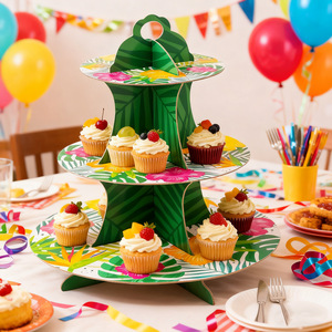 Support à gâteau à trois étages sur le thème de Hawaï pour desserts d'anniversaire et décorations de fête, design rond réutilisable - Product Image 5
