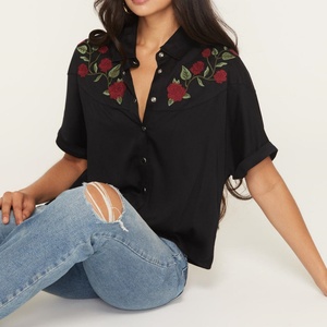 Blusa Nueva a Precio Bajo, Informal, Sencilla, de Manga Corta, con Botones a Presión, Estilo Occidental, Bordada, para Mujer, OOTD - Product Image 3