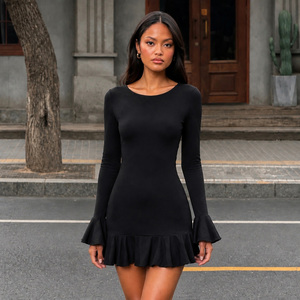 Robe mini moulante noire à manches longues, dos lacé, ourlet à volants, découpes sexy, pour soirée et club, pour femme - Product Image 3