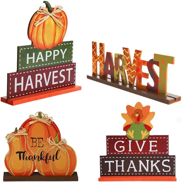 Centrotavola del ringraziamento segni legno zucca tacchino raccolto autunno zucche scintillanti Table Topper per la decorazione del ringraziamento