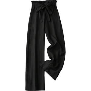 Pantalones Anchos Personalizados para Mujer, Cintura Alta, Detalle de Lazo Elástico, Tela Crepé, Transpirables, Casuales - Product Image 2