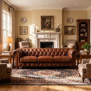 Canapé de Luxe 100% Cuir Véritable Marron Vieilli, Ensemble de Canapés en Cuir Authentique pour Salon, 123 Canapé Classique <span class=keywords><strong>Chesterfield</strong></span> à Accoudoirs Ronds - Product Image 2