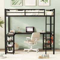 Lit mezzanine en métal avec bureau et étagères, design en forme de L pour gagner de la place, cadre avec plateau en bois, lit double avec échelle