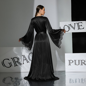 <span class=keywords><strong>Vestaglia</strong></span> Elegante Estiva Bicolore Nero e Bianco in Raso e <span class=keywords><strong>Pizzo</strong></span> Traspirante, Stile Lusso Leggero con Maniche Lunghe e Laccetti, Sexy per Casa - Product Image 2