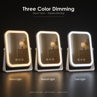 Miroir de maquillage éclairé blanc 20x25cm, miroir de bureau rotatif à 360°, coins arrondis, 3 modes de couleur, variateur d'intensité, capteur tactile, 1X HD