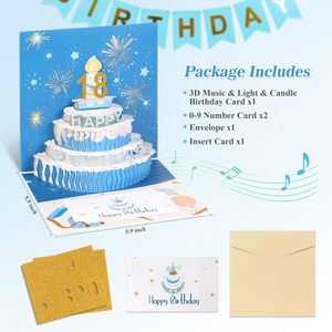 Pop Up anniversaire cartes de voeux avec enveloppe 3D joyeux anniversaire cartes-cadeaux gâteau bougies feu d'artifice lumière LED musique bricolage numéros - Product Image 6