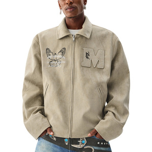 Veste en daim pour homme de haute qualité, col rabattu, ample, épaisse, imprimée, avec des patchs brodés de lettres, manches longues - Product Image 1