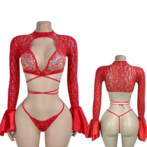 Rhinestone Ballroom Dance <b>Outfit</b> <b>Stripper</b> Exotic Dancewear Fishnet Club <b>Outfits</b> for Women Sexy Polyester/Rayon - Product Image 1