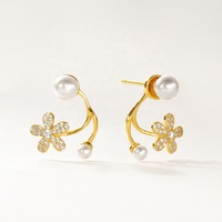 Nagosa 925 Sterling Silver Gold Vermeil Jewelry Flower Shell Pearl Zirconia Front Back Ear Jacket Piercing Boucles d'oreilles