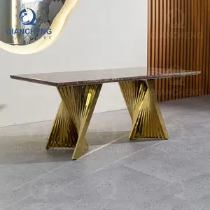 New york ucuz mobilya victoria 6 kişilik yemek masası seti çin'de J1stainless çelik altın modern lüks akik yemek masası