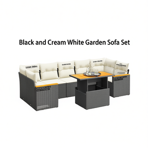 Ensemble de canapés de jardin noir et blanc crème, meubles en rotin d'extérieur avec coussins en mousse haute densité, design contemporain imperméable - Product Image 1