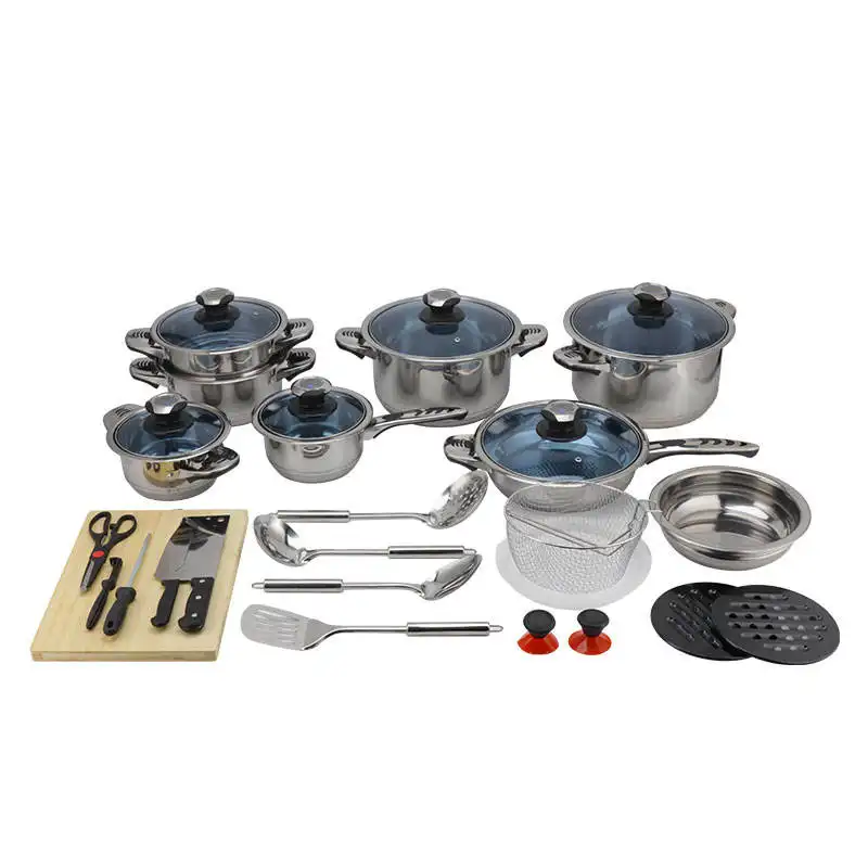 Hot Sale Luxury Stainless Steel 30Pcs Cooking Pan kitchen pots cookware set With Blue Glass Lid/steel lid For Cooking