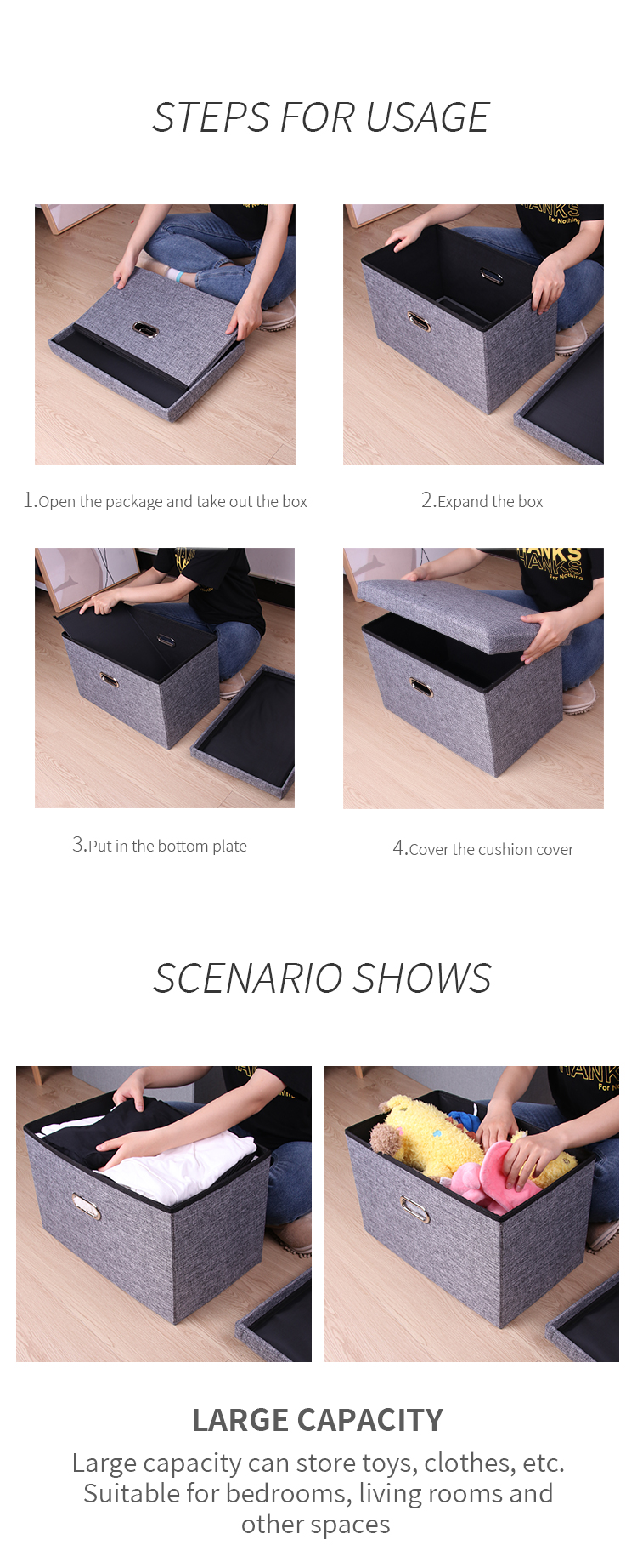 Cotton And Linen Portable Folding Ottoman Of Living Room Square Storage Stool