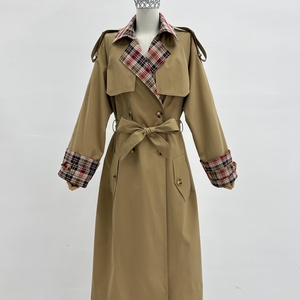 <span class=keywords><strong>Trench</strong></span> lungo da donna color kaki classico con motivo scozzese <span class=keywords><strong>rosso</strong></span>, doppiopetto e cintura, silhouette lunga - Product Image 2
