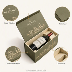Caja de Regalo para Vino Verde Oliva Personalizada Profesional con Ilustración Dorada, Tapa con Bisagras, Inserto Moldeado, Empaque Individual para Botella - Product Image 2