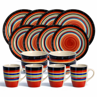 Service de table GuangDa en grès émaillé classique à rayures arc-en-ciel, 16 pièces, assiettes et bols en céramique, passe au lave-vaisselle, résistant à la chaleur