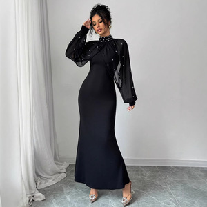 Elegante Abito da Sera Europeo-Americano per Donna, Collo Alto, in <span class=keywords><strong>Velluto</strong></span> di Cashmere con Ricami in Cristallo, <span class=keywords><strong>Maniche</strong></span> <span class=keywords><strong>Lunghe</strong></span> - Product Image 2