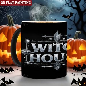 Tasse sensible à la chaleur Witch House 11oz en céramique noire givrée, vierge pour sublimation - Product Image 6